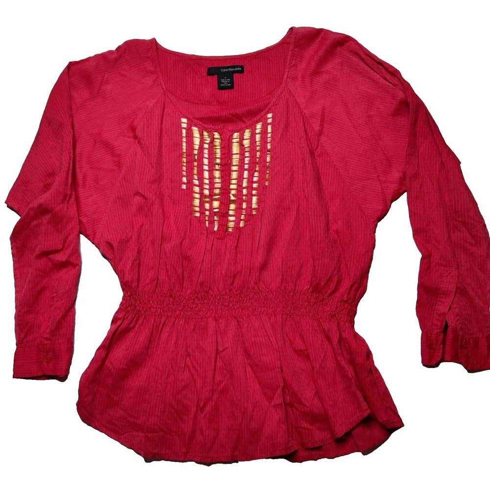 CALVIN KLEIN JEANS Women Medium Red Cotton Viscose‎ Blend Embellished Blouse